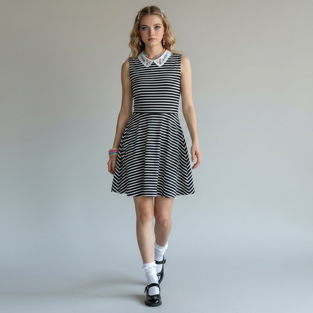 BCBL Black White Striped Sleeveless Dress Embellished Peter Pan Collar Medium